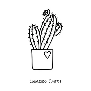 Desenho para colorir de um cacto com uma flor em um vaso com um coração