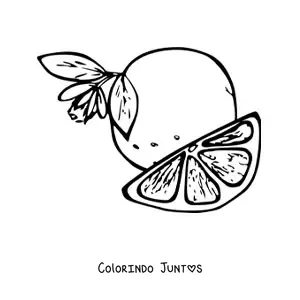 Desenho para colorir de um pedaco de laranja ao lado de uma laranja com flor