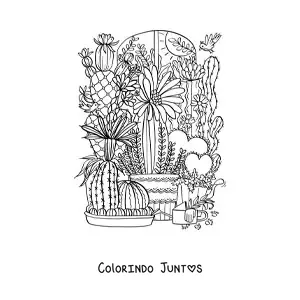 Desenho para colorir de vários cactos em vasos com flores e corações