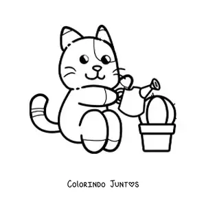 Desenho para colorir de um gato animado regando um cacto