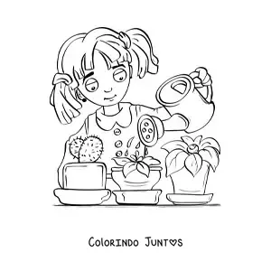 Desenho para colorir de uma menina regando um cacto