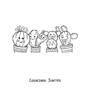 Desenho para colorir de quatro cactos kawaii animados