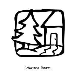 Desenho para colorir de uma casa e um pinheiro grande