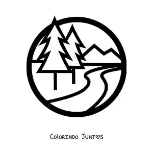 Desenho para colorir de uma montanha com um rio e pinheiros