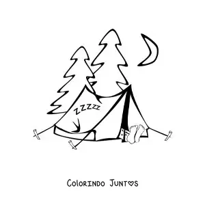 Desenho para colorir de um acampamento em uma floresta de pinheiros