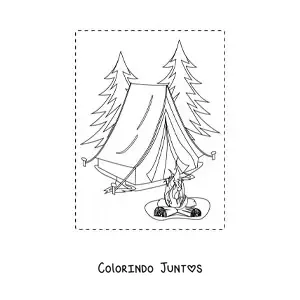 Desenho para colorir de uma barraca e uma fogueira em uma floresta de pinheiros