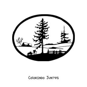 Desenho para colorir de uma paisagem com pinheiros