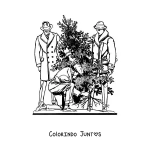 Desenho para colorir de três homens derrubando um pinheiro