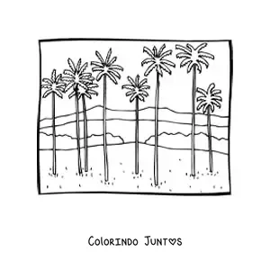 Desenho para colorir de uma paisagem com montanhas e palmeiras