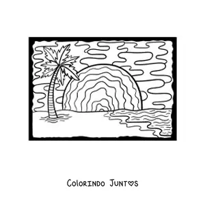 Desenho para colorir de um pôr do sol na praia com uma palmeira