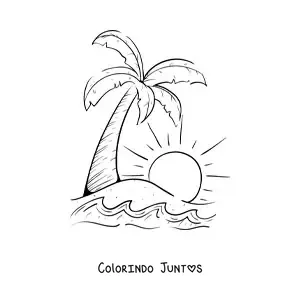 Desenho para colorir de uma palmeira e o sol na praia