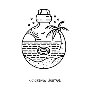 Desenho para colorir de uma garrafa com uma paisagem de mar com uma palmeira