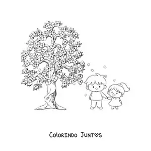 Desenho para colorir de duas crianças e uma cerejeira