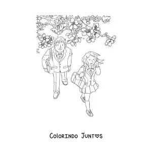 Desenho para colorir de uma menina e um menino ao lado de uma cerejeira