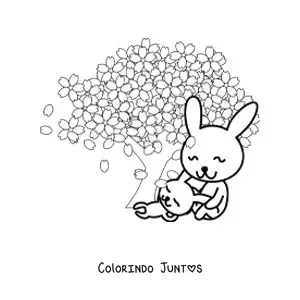 Desenho para colorir de dois coelhos animados ao lado de uma cerejeira