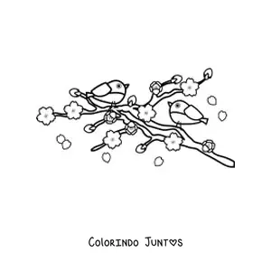 Desenho para colorir de dois pássaros pousados em uma cerejeira