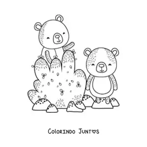 Desenho para colorir de dois ursos animados ao lado de um arbusto