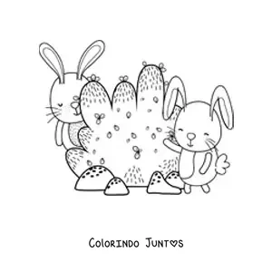 Desenho para colorir de dois coelhos animados ao lado de um arbusto