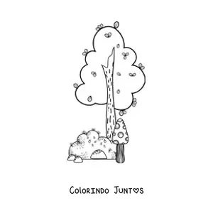 Desenho para colorir de uma árvore ao lado de um arbusto