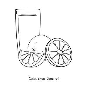 Desenho para colorir de um copo de suco de laranja ao lado de rodelas de laranja
