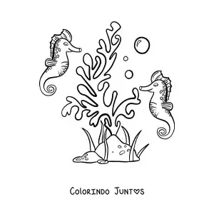Desenho para colorir de umas algas e dois cavalos-marinhos