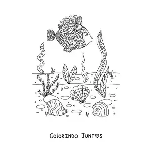 Desenho para colorir do fundo do mar com algas e um peixe