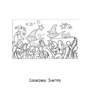 Desenho para colorir de várias algas e peixes animados