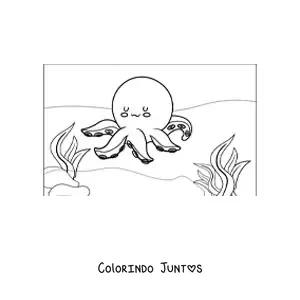 Desenho para colorir de um polvo kawaii com algas no mar