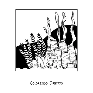 Desenho para colorir de umas algas ao lado de uns corais