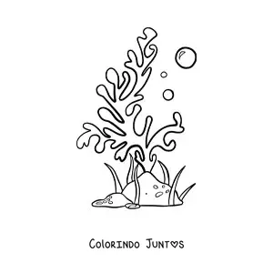 Desenho para colorir de uma alga marinha com duas bolhas ao lado de uma rocha