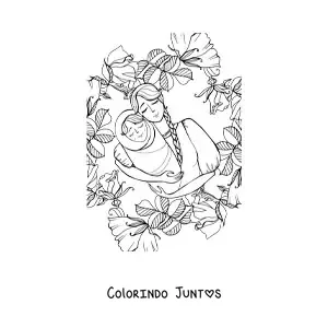 Desenho para colorir de uma mamãe com seu bebê cercada de flores