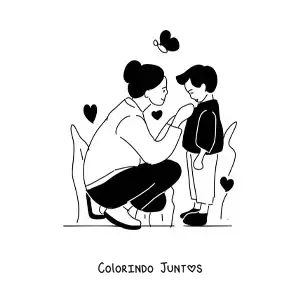 Desenho para colorir de uma mamãe vestindo o seu filho