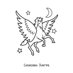 Desenho para colorir de unicórnio com asas animado voando à noite com estrelas ao fundo