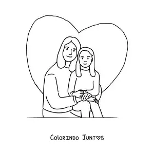Desenho para colorir de uma mamãe e sua filha com um coração ao fundo