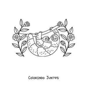 Desenho para colorir de uma mamãe preguiça com seu filhote