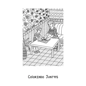 Desenho para colorir de uma mamãe limpando a casa com o seu filho