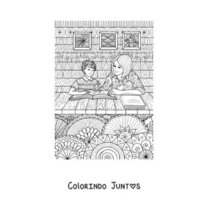Desenho para colorir de uma mamãe fazendo a lição com o seu filho