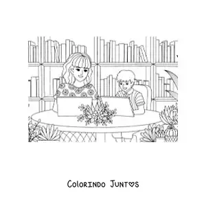 Desenho para colorir de uma mamãe usando o computador com o seu filho