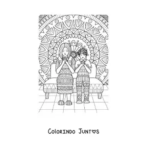 Desenho para colorir de uma mamãe rezando ao lado do seu filho