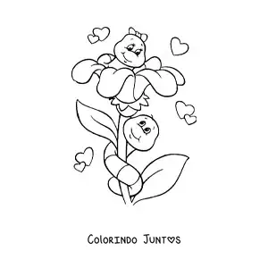 Desenho para colorir de duas lagartinhas apaixonadas sobre uma flor