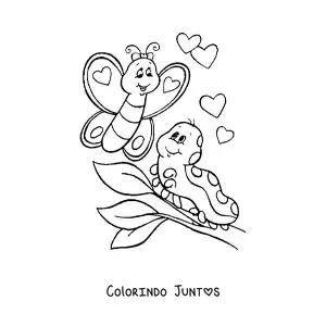 Desenho para colorir de uma lagarta e uma borboleta apaixonadas