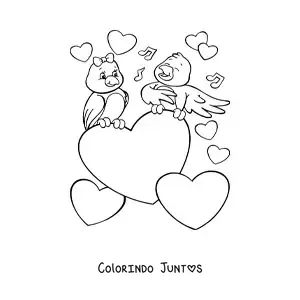 Desenho para colorir de um casal de passaros rodeado de coracoes