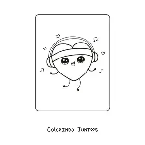 Desenho para colorir de um coracao kawaii animado ouvindo musica