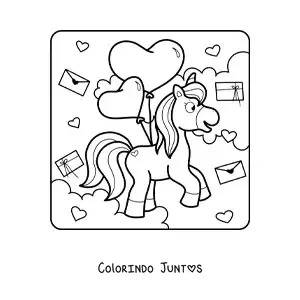 Desenho para colorir de um unicornio com baloes e cartoes do Dia dos Namorados