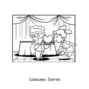 Desenho para colorir de duas criancas em um jantar de presente no Dia dos Namorados