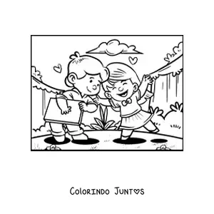 Desenho para colorir de um casal de criancas com presente do Dia dos Namorados