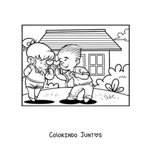 Desenho para colorir de um casal de criancas com coracoes do Dia dos Namorados