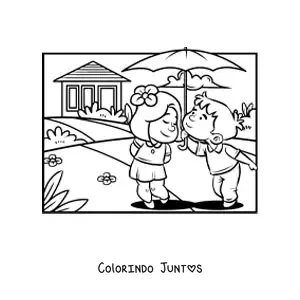 Desenho para colorir de um casal de criancas em um encontro romantico
