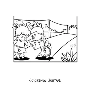 Desenho para colorir de um casal de criancas com um cartao do Dia dos Namorados