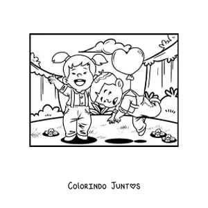 Desenho para colorir de um casal de criancas em um encontro divertido do Dia dos Namorados